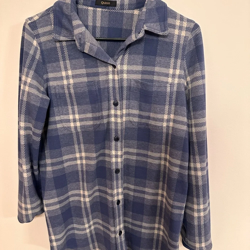 Quince Stretch Sweater Shirt fleece, indigo check, size small - Picture 1 of 2